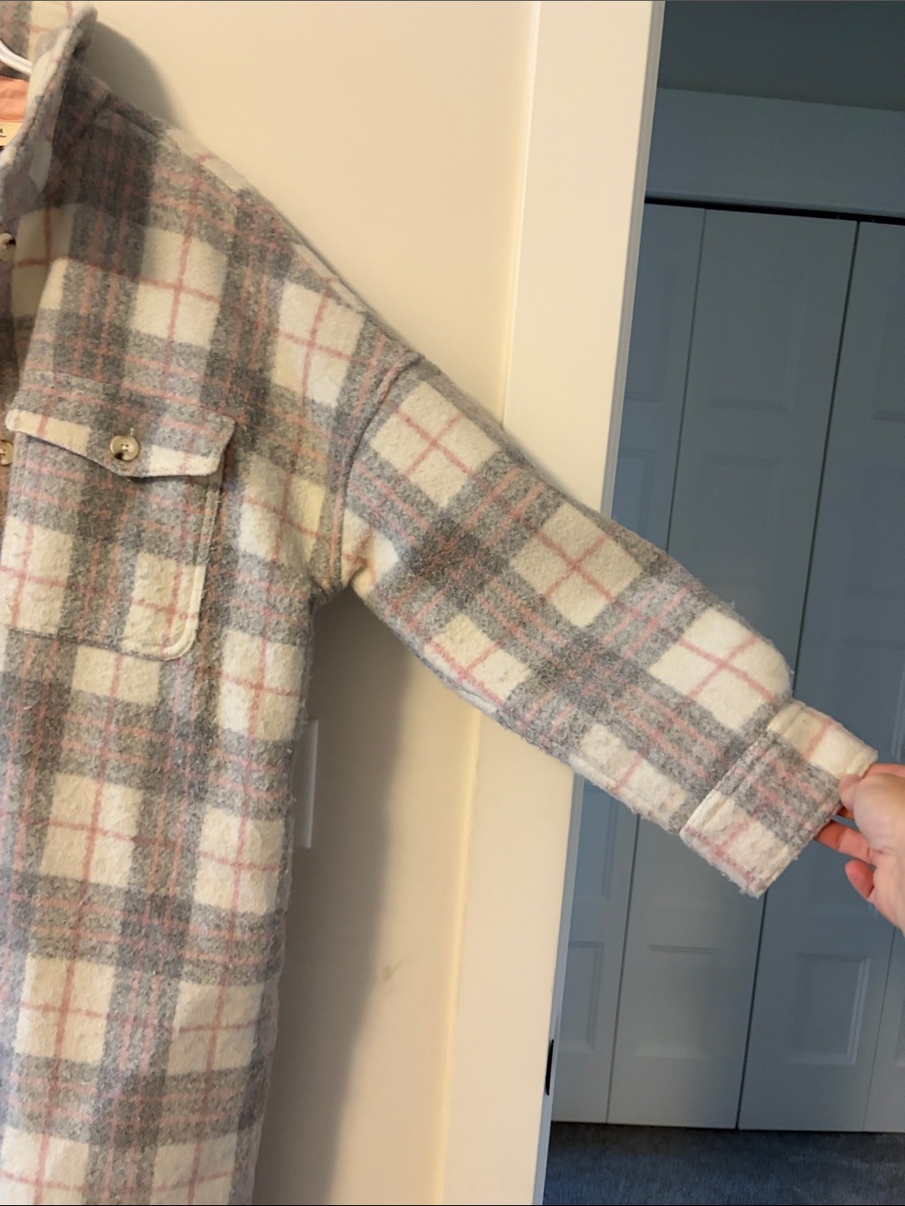 Plaid Long Wool-Blend Shacket Coat in Gray, Pink & Cream - Picture 4 of 4
